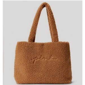 New Victoria's Secret VS PINK Plush Sherpa Tote Bag Tan Brown Logo NWT